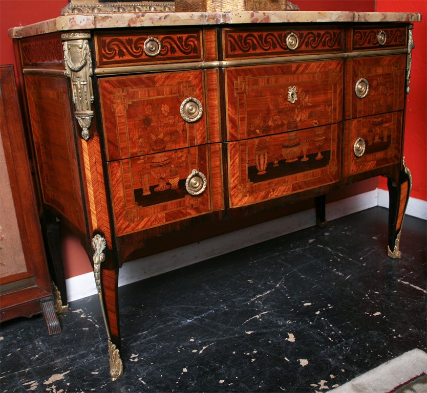 19th Century Louis XV/XVI Style Marquetry Inlaid Marble-Top Commode
