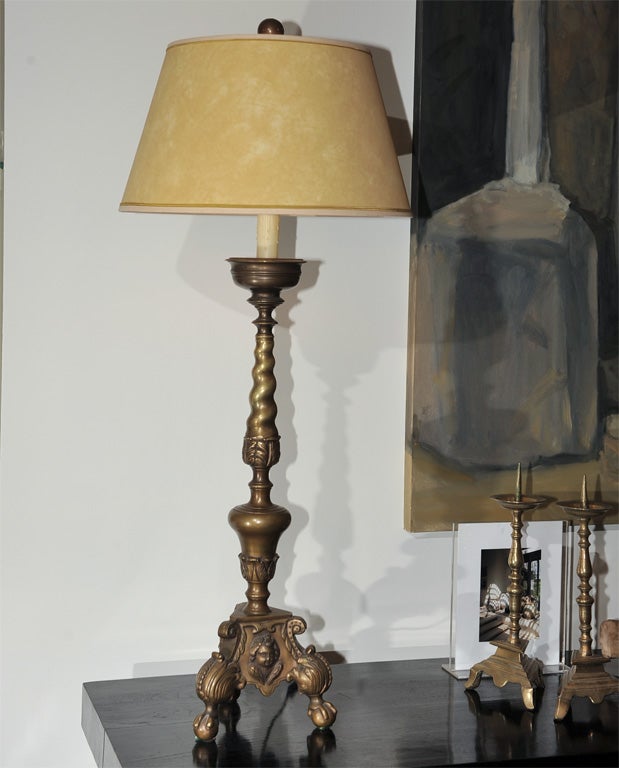 19th Century Swedish Pricket  Brass Candlesticks Made into Lamps For Sale