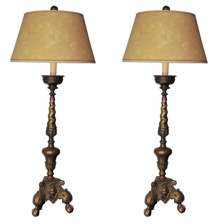 Swedish Pricket  Brass Candlesticks Made into Lamps For Sale