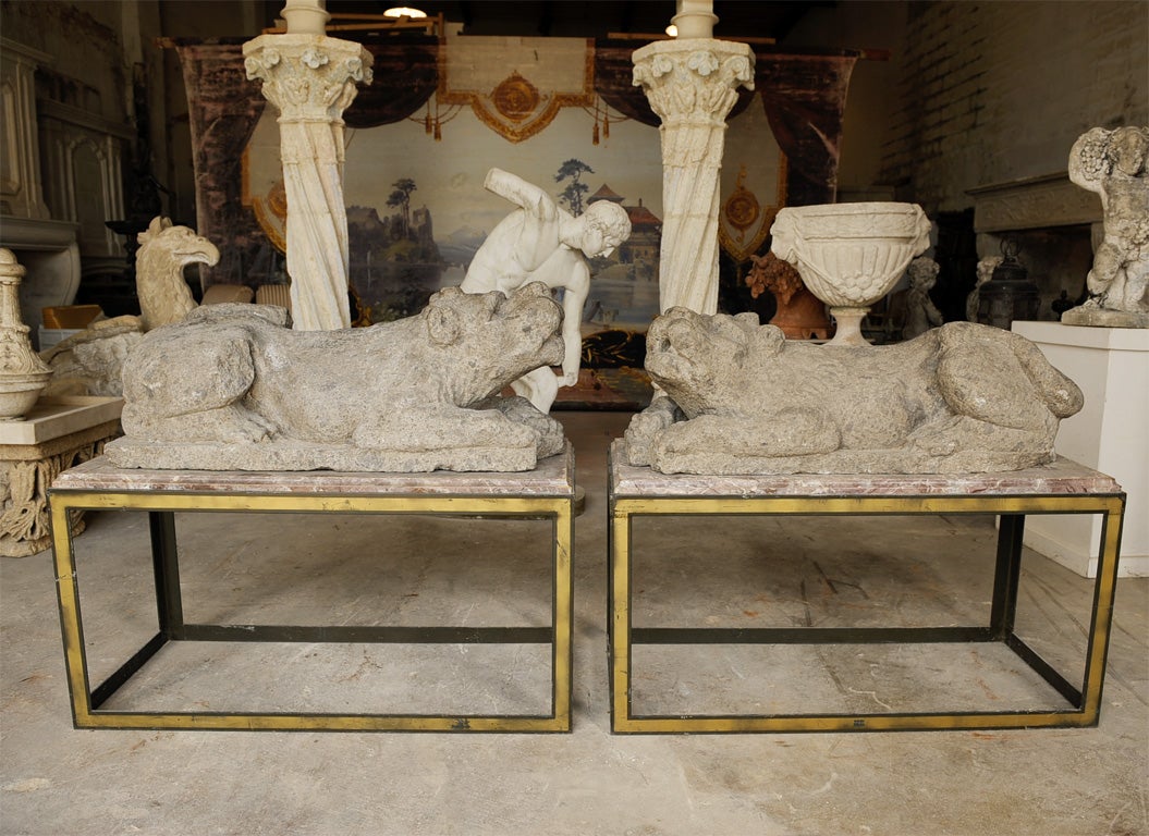 Rare pair of stone recumbent Lions, 17th c., from Naples (found in Bastide near Aix en Provence)