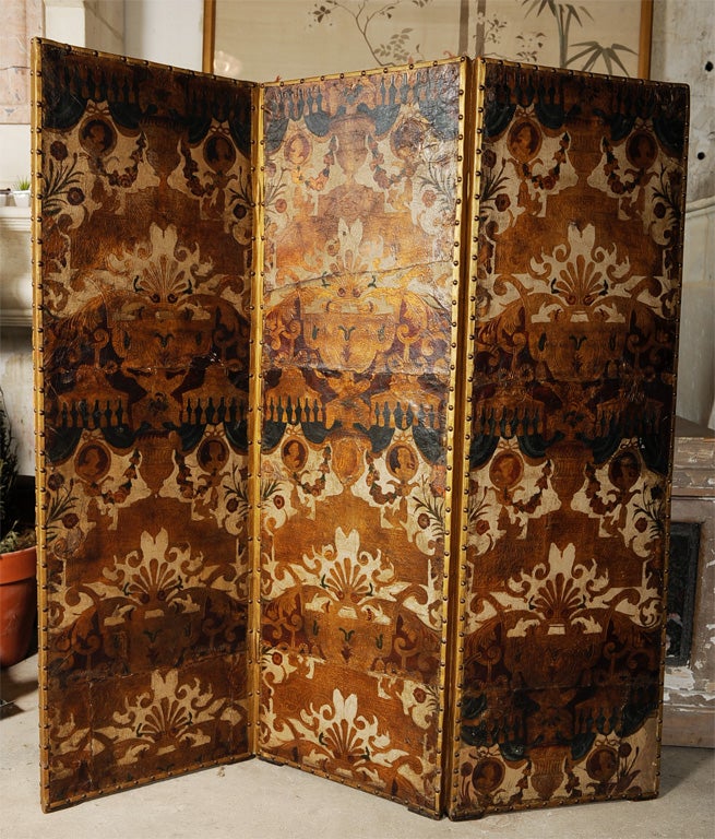 Screen, hand tooled leather, 18th c. French