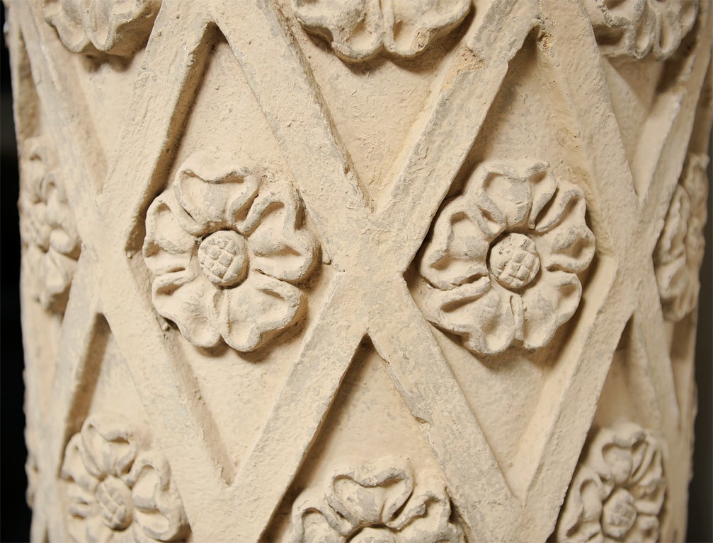 Pair of stone columns/pedestals, rosette & lattice detail For Sale 1