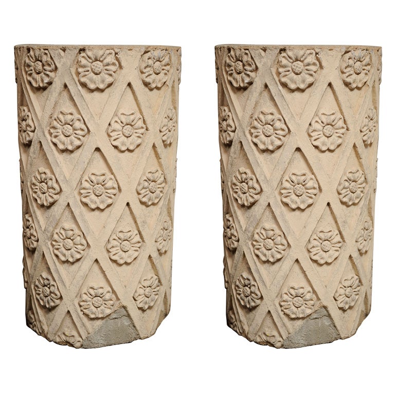 Pair of stone columns/pedestals, rosette & lattice detail For Sale