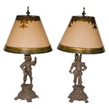 Antique Pair of Handsome Figural Lamps with Custom Shades
