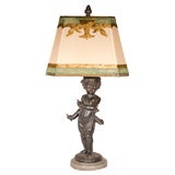 Antique French Bronze Putti Lamp with Custom Shade