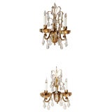 French Art Moderne bronze & crystal sconces, possibly Bagues