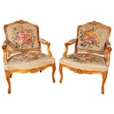 French Louis XV style beechwood armchairs with Aubusson
