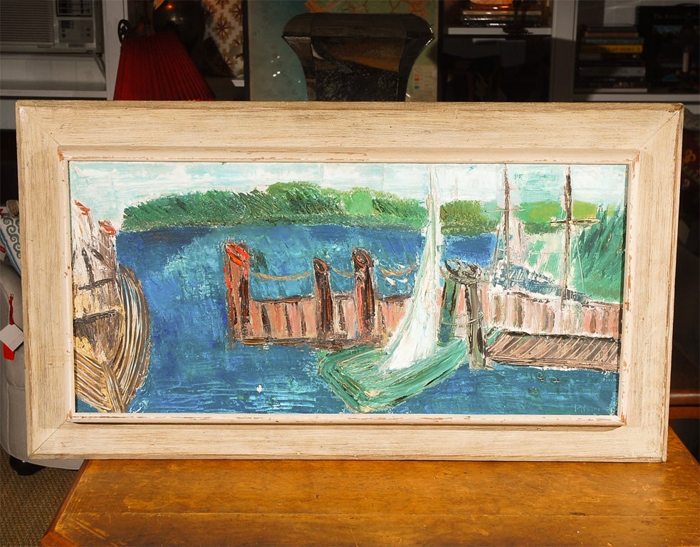 Painting of boats at a dock