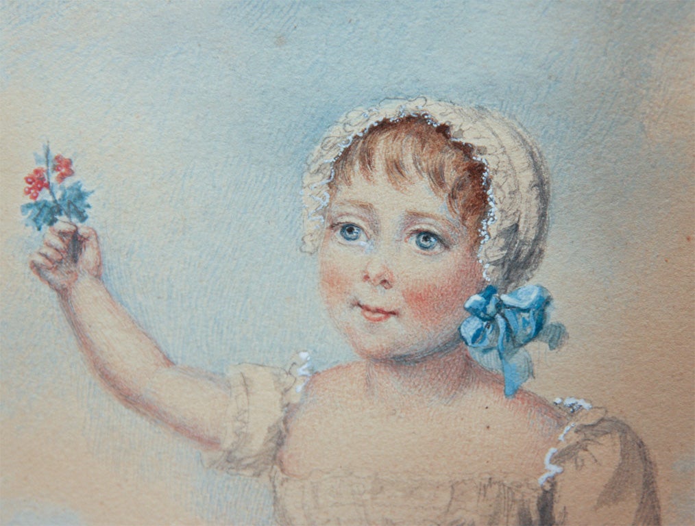 Watercolor Painting of a Little Girl Holding a Basket of Cherries