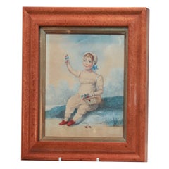 Watercolor Painting of a Little Girl Holding a Basket of Cherries