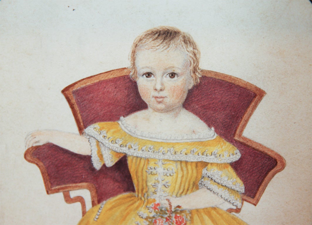 19th Century American Watercolor Portrait of a Seated Girl