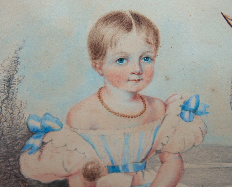 Antique Watercolor Painting Two Children In Excellent Condition In Katonah, NY