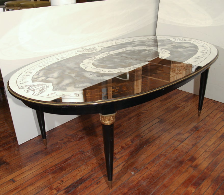 Rare Ebonized Dining Table with Eglomise Mirror Top by Jansen