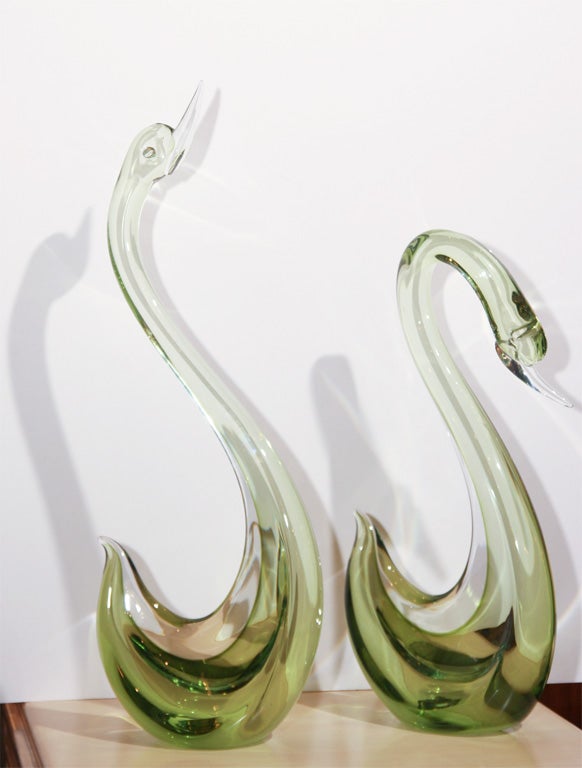 Exceptional pair of citrus green long neck swans by Seguso.