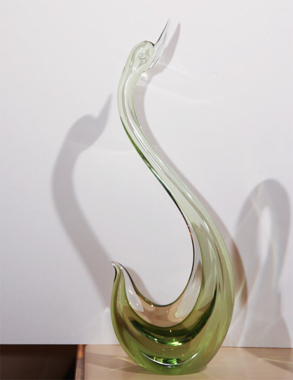 20th Century Pair of Citrus Green Murano Glass Swans