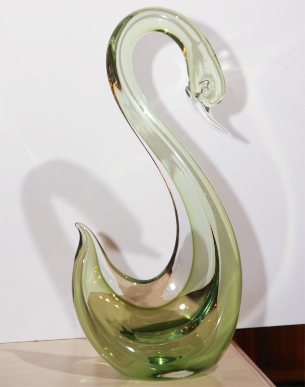 Pair of Citrus Green Murano Glass Swans 1