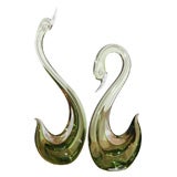 Pair of Citrus Green Murano Glass Swans