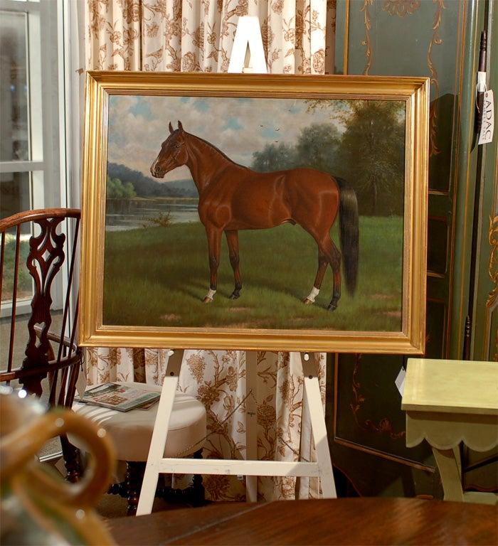 American Oil on canvas of thoroughbred in landscape signed E.H. Dewey.
