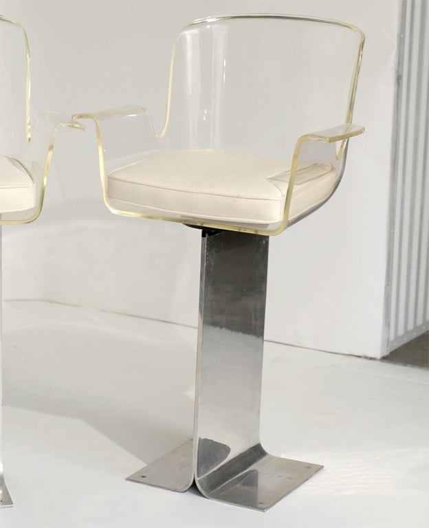Set of Sculptural Lucite and Polished Steel Bar Stools