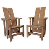 Pair of limed wood De Stijl style high back garden chairs