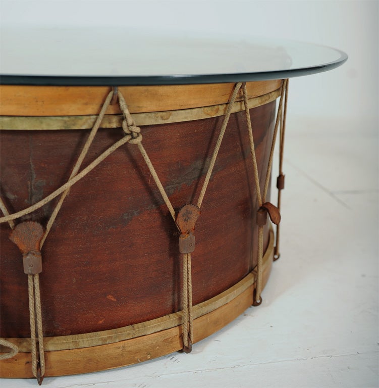 20th Century Bentwood marching band base drum coffee table w/glass top