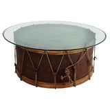 Antique Bentwood marching band base drum coffee table w/glass top