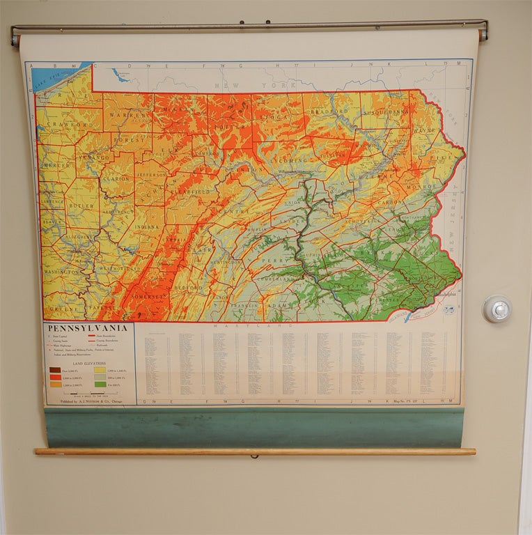 Wonderful scroll map of Pennsylvania.  Original hanging hardward still attached for hanging.  Rolls down and springs up just as you remember.  Published by A.J. Nystrom & Co., Chicago.