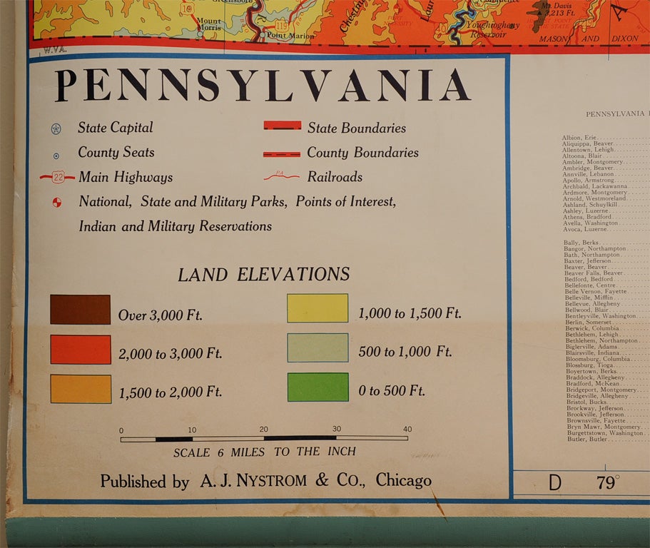 20th Century Vintage School Map of Pennsylvania