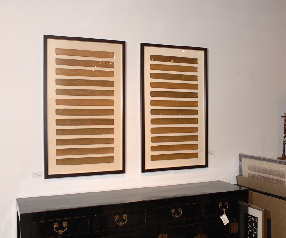 Antique Buddhist text printed on palm leaves. Framed. Priced individually at $ 1850 each. B2-111010.