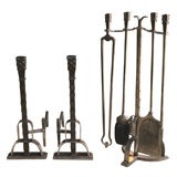 Vintage Set of Iron Firetools and Andirons by Jules Bouy, French 1930s