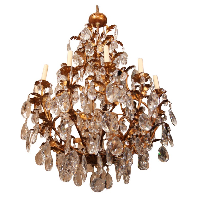 Large Gilt Metal and Crystal Chandeliers For Sale