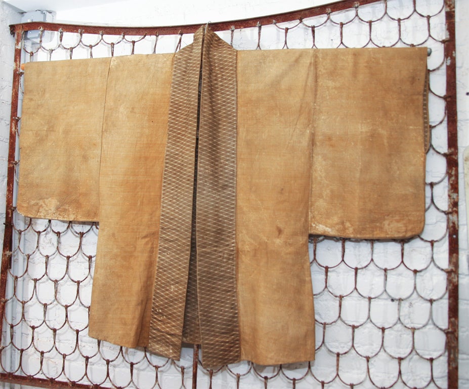 An Edo Period Fireman's jacket made from deerskin with pine needle pattern silk interior lining. From the Noriko collection; author of definitive book on Japanese Fireman Jackets.