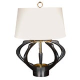 Sculptured Black wood lamp with Brass trim and White linen shade