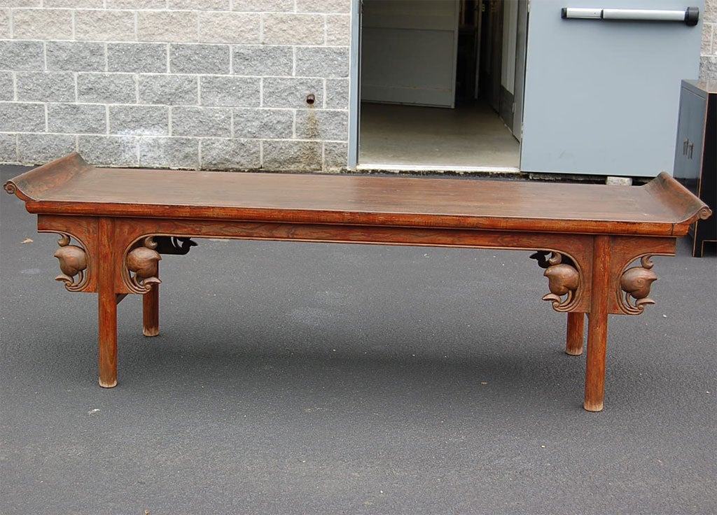 Chinese Warly 19thC. Q'ing Dynasty Shanxi Scrolled Bench with Carved Pomegranate Design For Sale