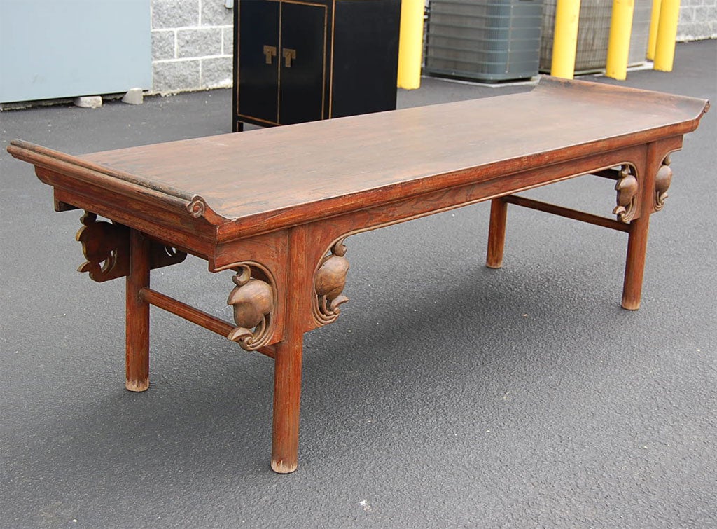 Stained Warly 19thC. Q'ing Dynasty Shanxi Scrolled Bench with Carved Pomegranate Design For Sale