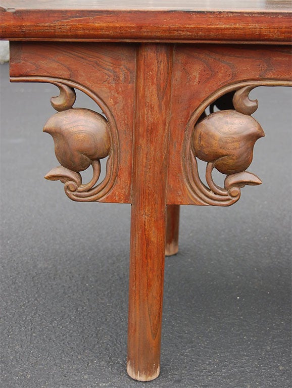 Elm Warly 19thC. Q'ing Dynasty Shanxi Scrolled Bench with Carved Pomegranate Design For Sale