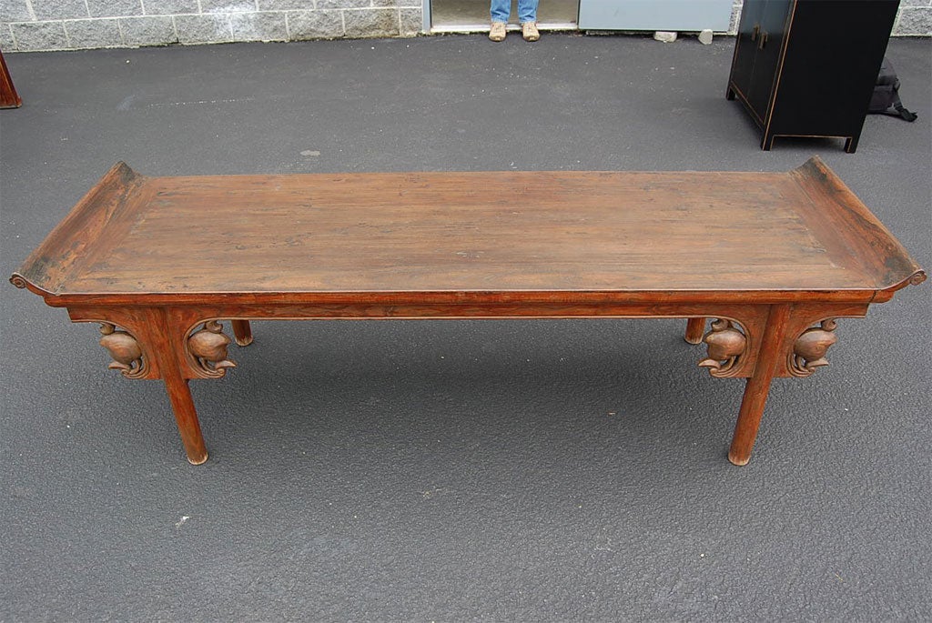Warly 19thC. Q'ing Dynasty Shanxi Scrolled Bench with Carved Pomegranate Design For Sale 1