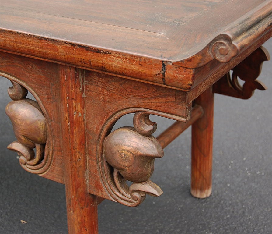 Warly 19thC. Q'ing Dynasty Shanxi Scrolled Bench with Carved Pomegranate Design For Sale 2