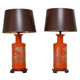 Vintage Pair Orange Ceramic Table Lamps