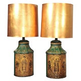 Pair:  English Tole Painted Tin Tea Canister Table Lamps