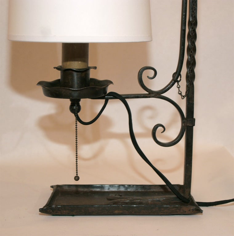 Hand-Crafted Table Lamp Arts and Crafts wrought iron shade adjusts For Sale