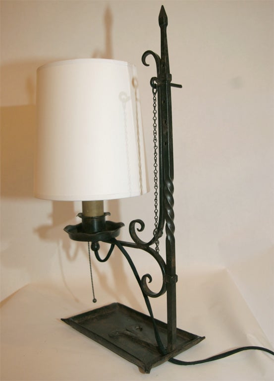 Early 20th Century Table Lamp Arts and Crafts wrought iron shade adjusts For Sale