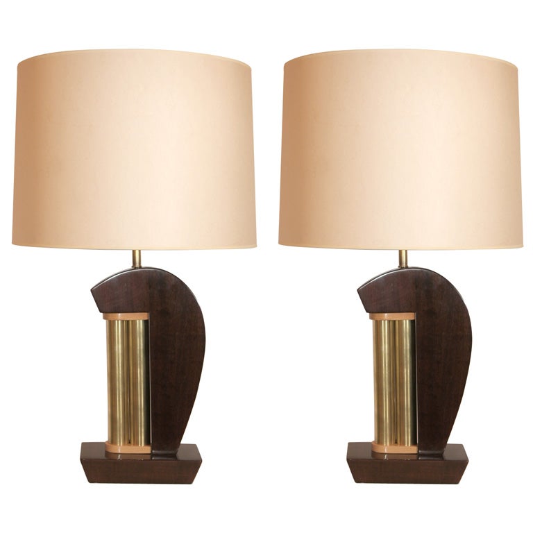 Table Lamps Pair Art Deco Modernist lacquered wood and brass 1930's For Sale