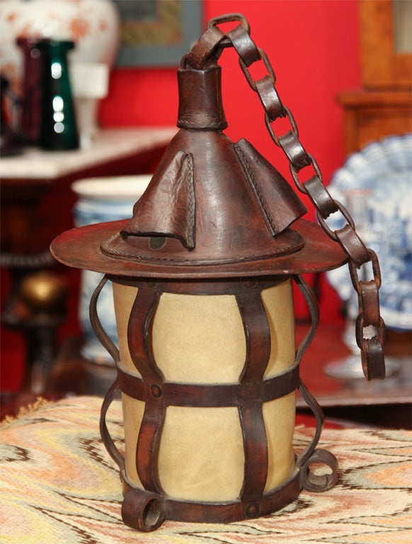 19th Century English Arts and Crafts Leather Hanging Lantern