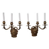 ANTIQUE PAIR FRENCH "NAPOLEON III" GILT BRONZE FIGURAL SCONCES