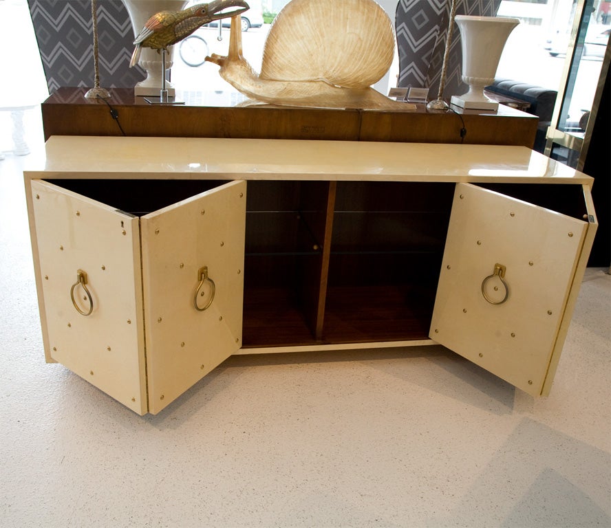 Gold Plate Studded  Parchment Credenza by Aldo Tura