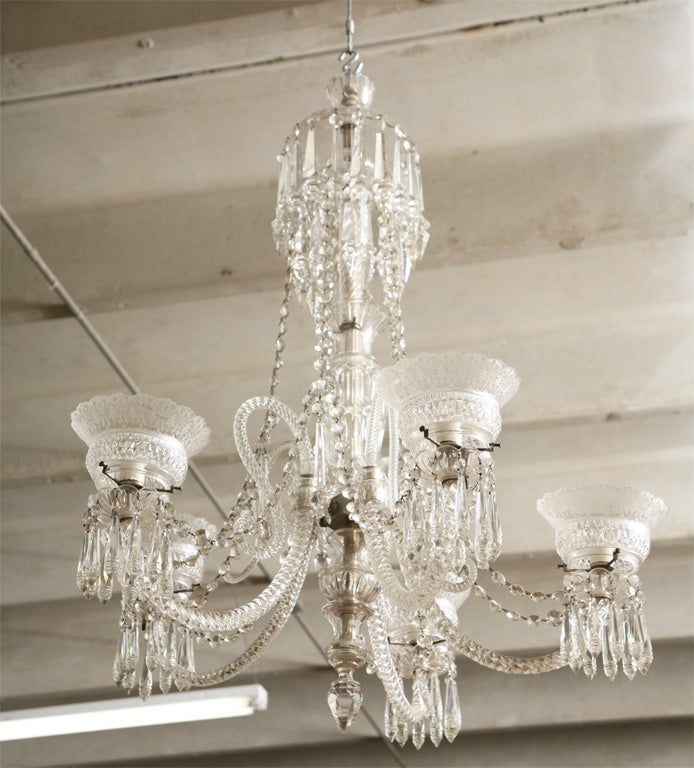 A SPECTACULAR F & C OSLER 5 LIGHT GASOLIER CHANDELIER. A MUSEUM QUALITY EXAMPLE OF THE GLASS ARTISANS CRAFT. THIS CHANDELIER WAS CONVERTED FROM GAS TO ELECTRIC RETAINING THE ORIGINAL GAS SHADE HOLDERS. THIS CHANDELIER LOOKS LIKE AN AMAZING ICE