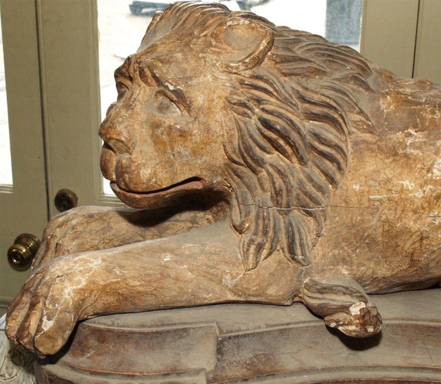French Pair 19th c Sculpted Wood Lions For Sale