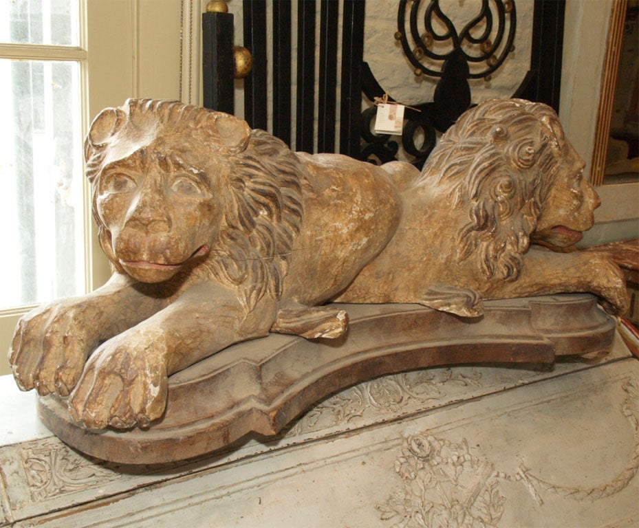 Pair 19th c Sculpted Wood Lions For Sale 2