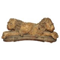Pair 19th c Sculpted Wood Lions 1